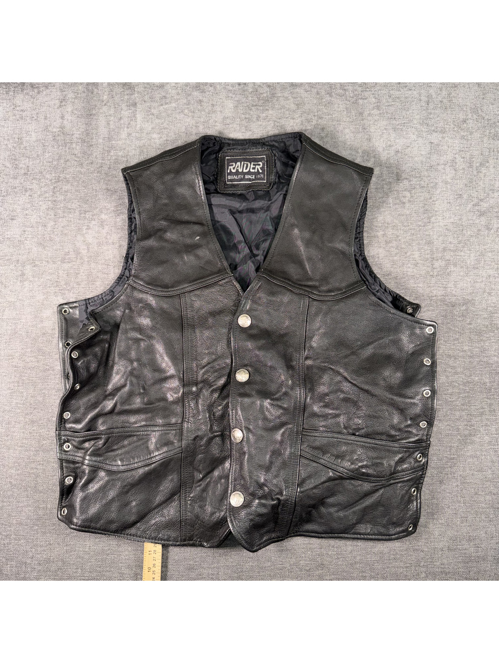 Raider Black Leather Motorcycle Vest with Snap Buttons